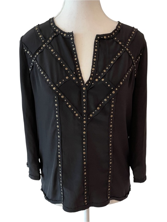 BCBGMaxAzria Tops - BCBG Maxazria Black Silk Studded V-Neck 3/4 Sleeves Blouse